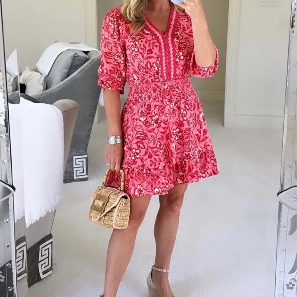 Avatar Women's Pink Floral V-Neck Smocked Waist Dress
